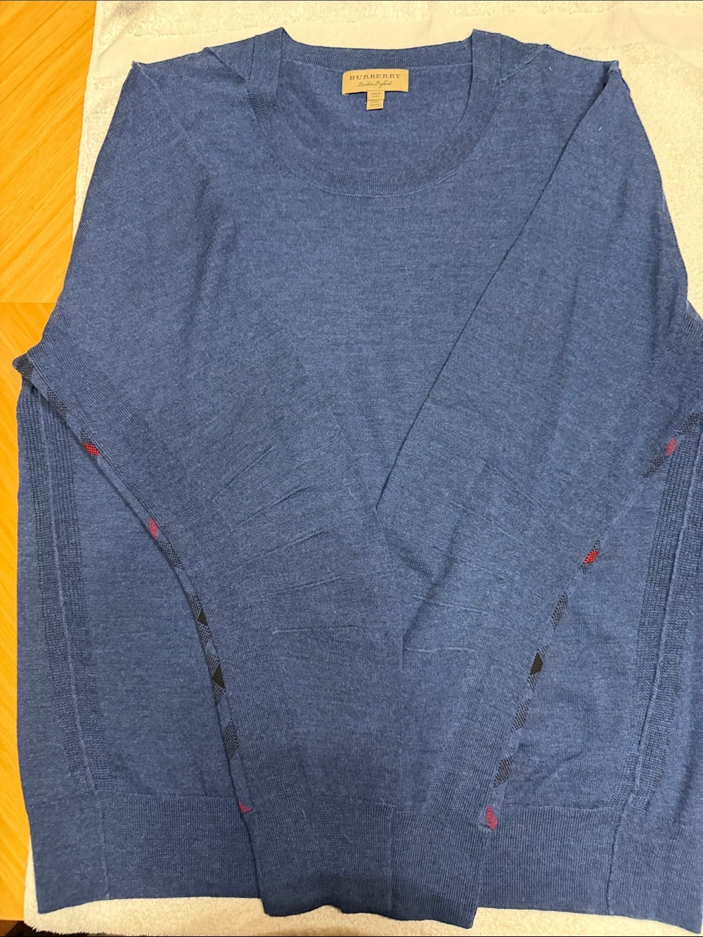 Burberry Men’s Blue Crewneck Sweater with Side Pattern. Fits like US 2XL